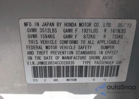 2012 Honda Fit z USA, uszkodzony, nr VIN JHMGE8H34CC028835